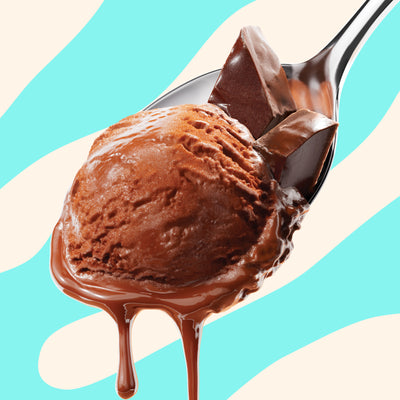 Pint of N!CK'S Chocolate light ice cream. The label highlights 'no added sugar' and '290 calories/pint'. A spoon holds a scoop of rich chocolate ice cream.