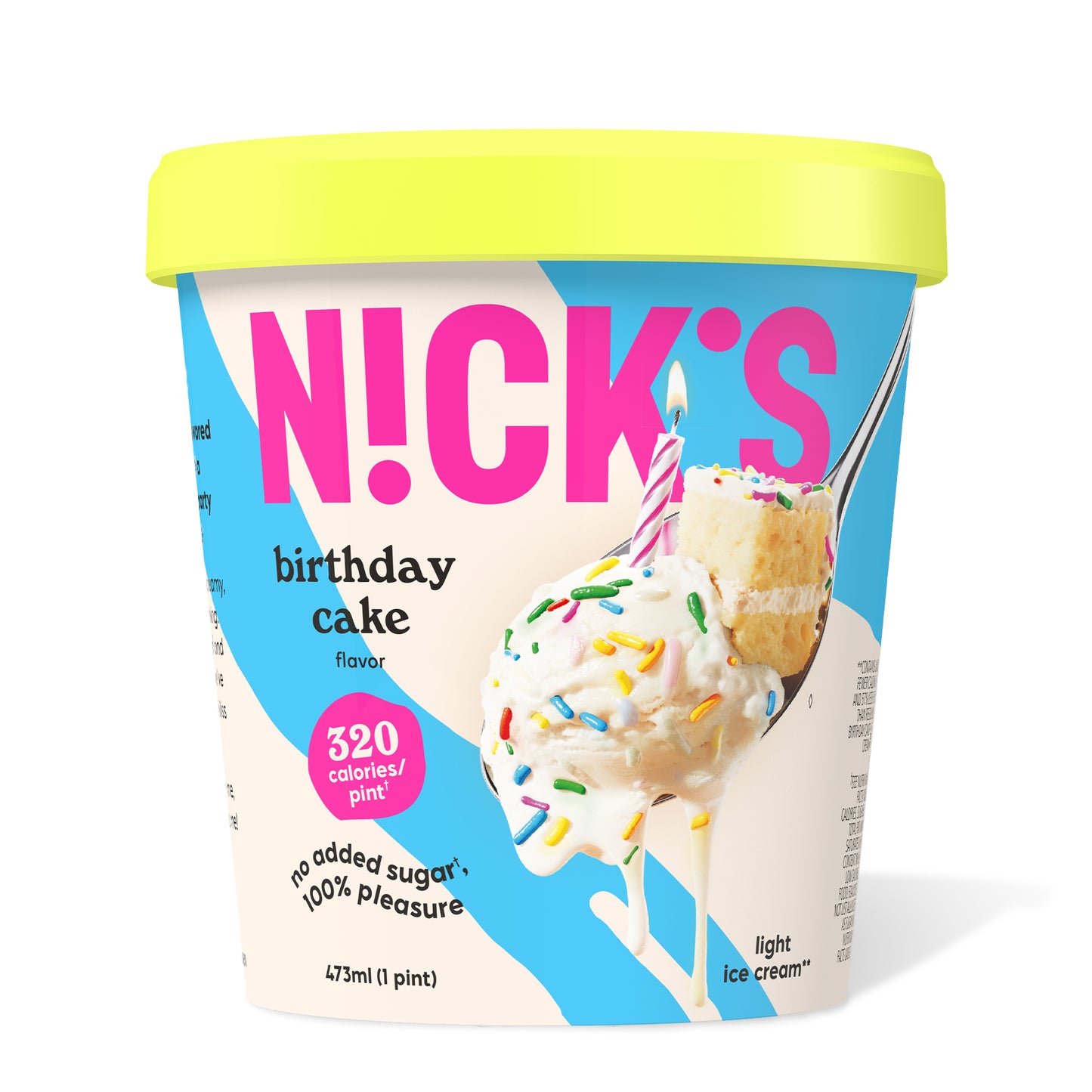 Pint of N!CK'S Birthday Cake light ice cream. The label highlights 'no added sugar' and '320 calories/pint'. A spoon holds a scoop of ice cream with sprinkles, a piece of cake, and a lit candle.