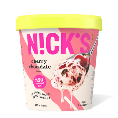Pint of N!CK'S Cherry Chocolate light ice cream. The label highlights 'no added sugar' and '350 calories/pint'. A spoon holds a scoop of ice cream with cherry pieces and chocolate chunks, topped with a fresh cherry.