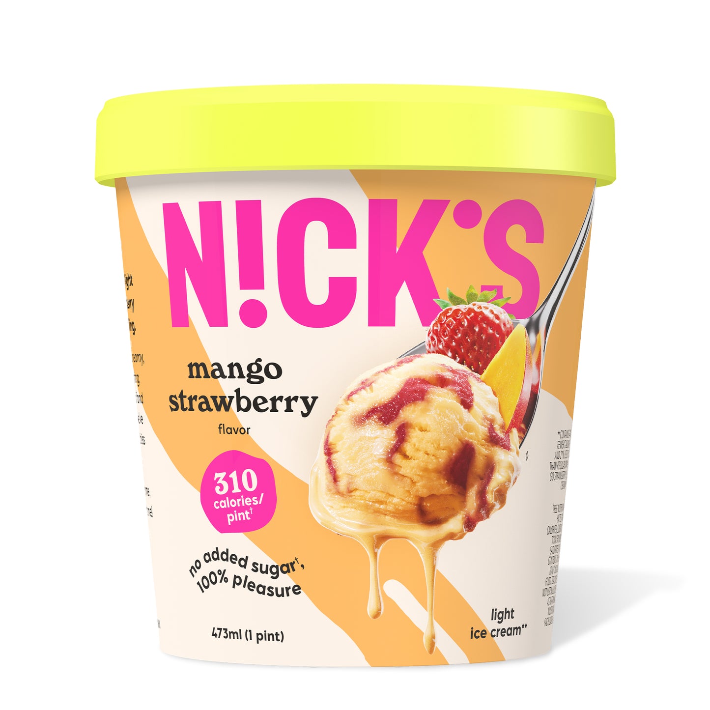 Pint container of N!CK'S Mango Strawberry light ice cream, labeled 'keto friendly' and 'no added sugar'.
