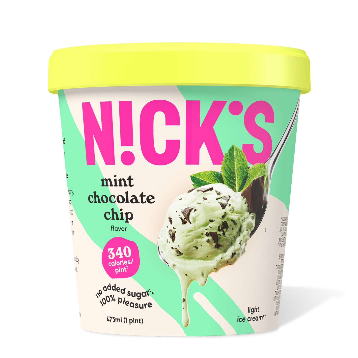 Pint of N!CK'S Mint Chocolate Chip light ice cream. The label highlights 'no added sugar' and '340 calories/pint'. A spoon holds a scoop of mint green ice cream with dark chocolate chips and a mint leaf.