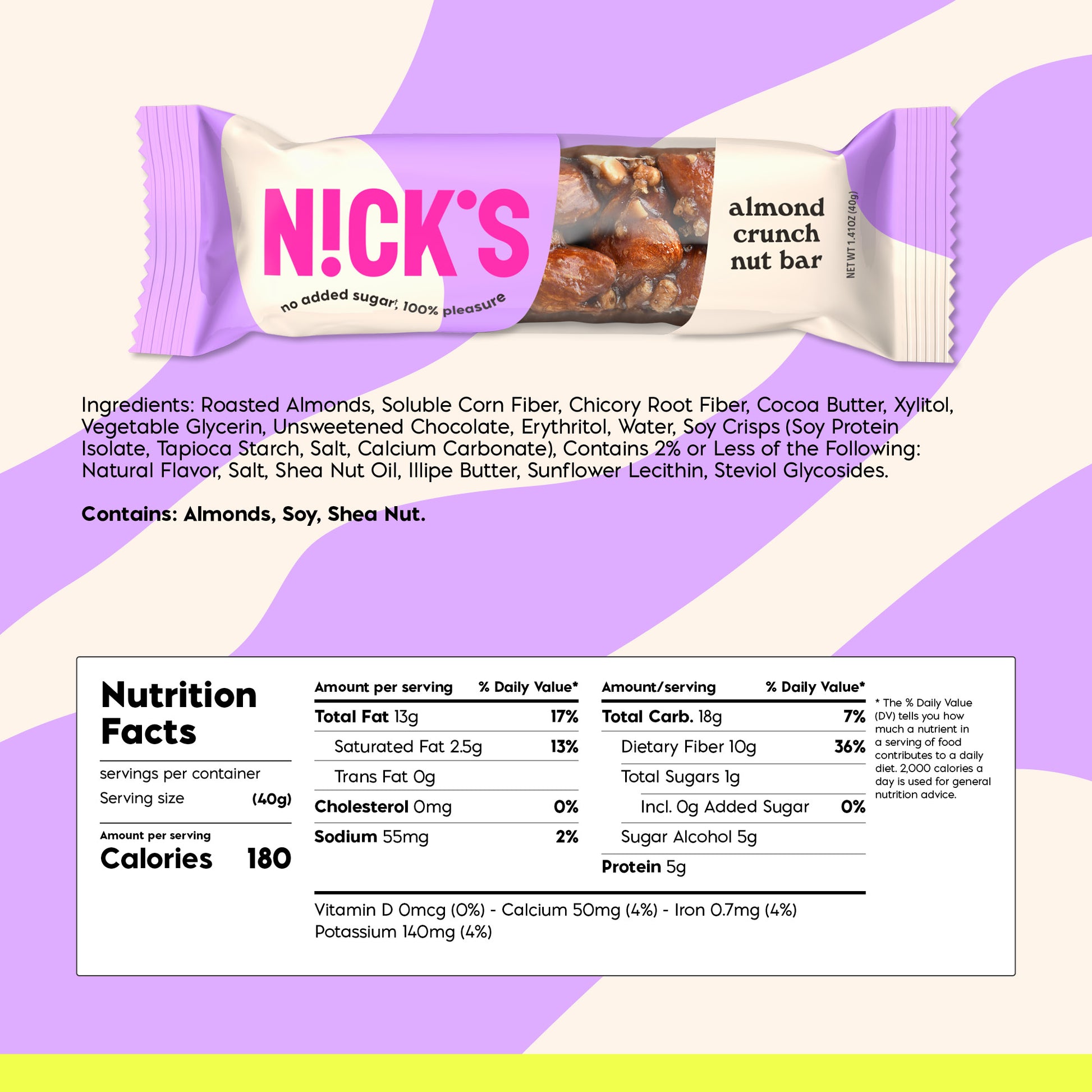 Nutritional facts table for N!CK'S Almond Crunch Nut Bar, showing 180 calories, 5g protein, and 1g total sugar per 40g bar.