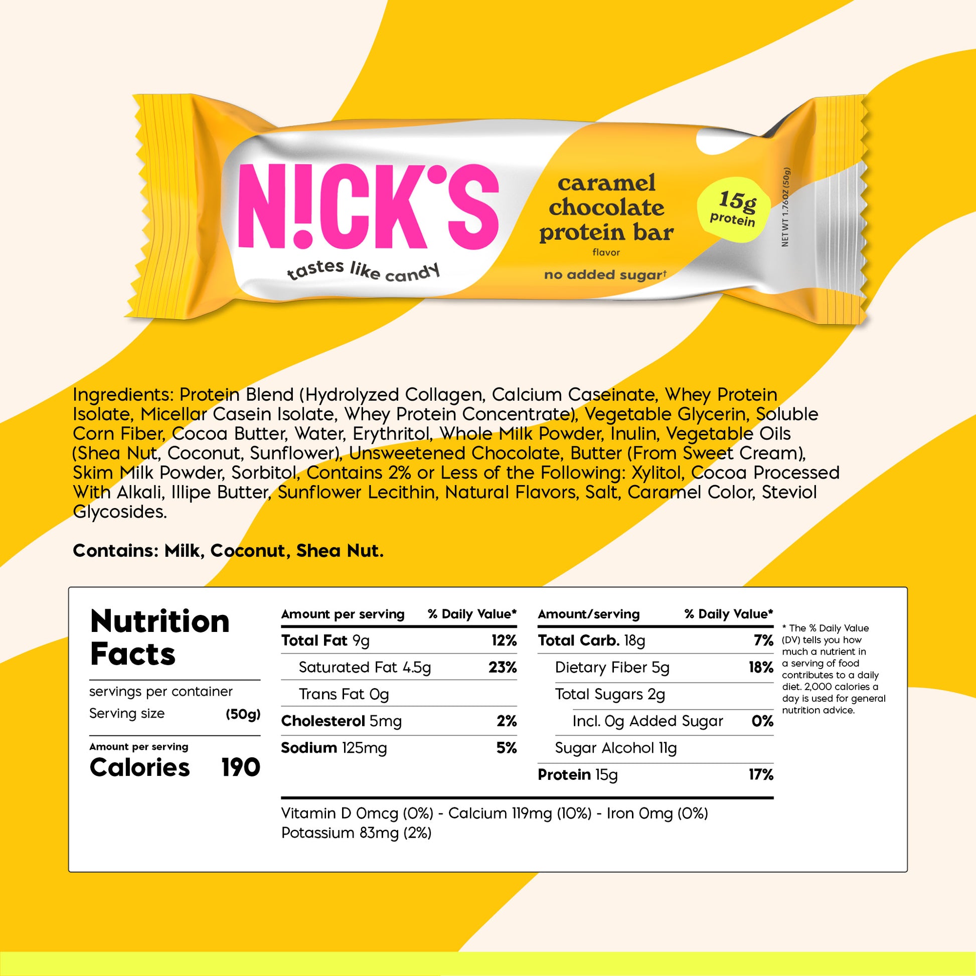 Nutritional facts table for N!CK'S Caramel Chocolate Protein Bar, showing 190 calories, 15g protein, and 2g total sugar per 50g bar.