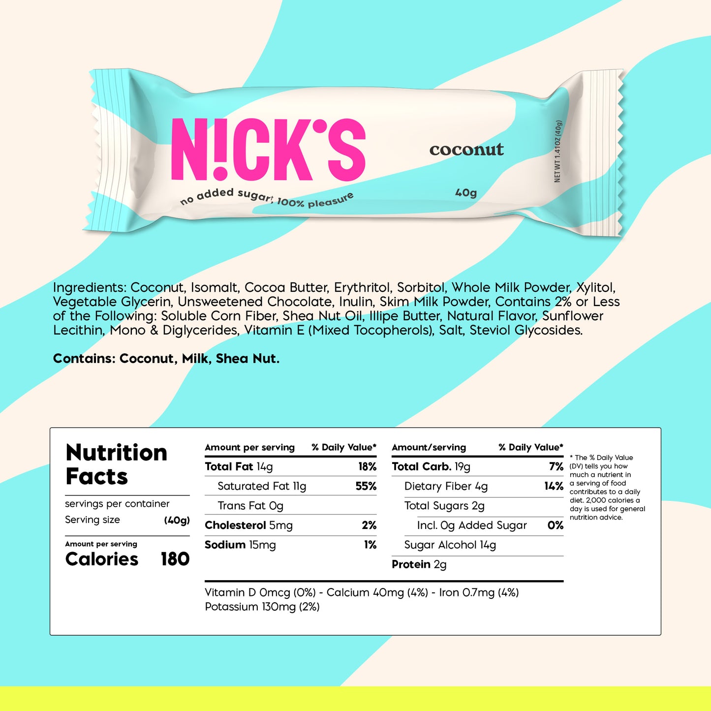 Nutrition Facts panel for one N!CK'S Coconut Candy Bar (40g serving), showing 180 calories.