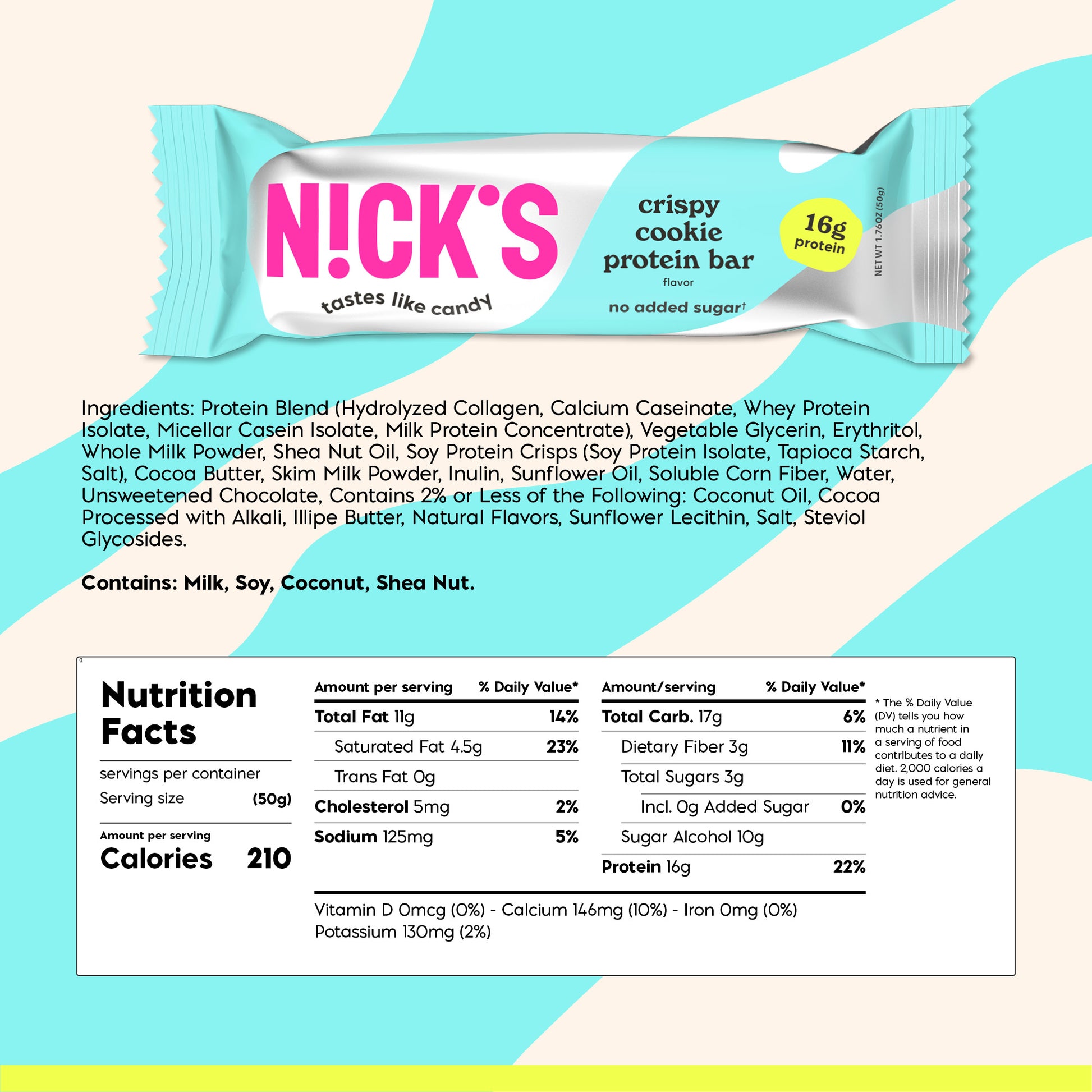 Nutritional facts table for N!CK'S Crispy Cookie Protein Bar, showing 210 calories, 16g protein, and 3g total sugar per 50g bar.