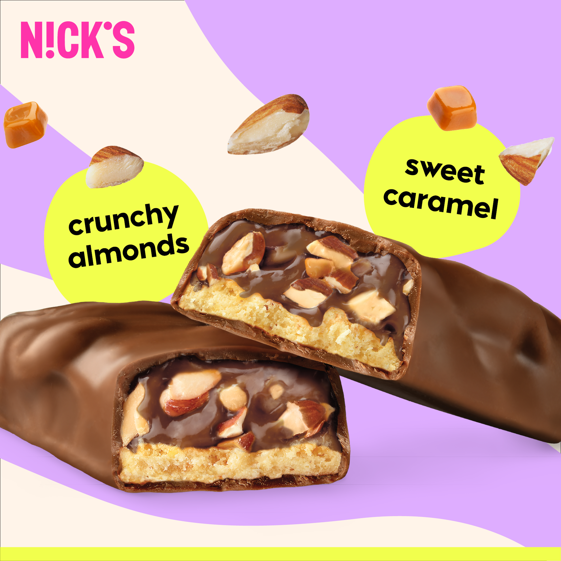 Close-up cross-section of a N!CK'S Almond Chocolate Protein Bar, clearly showing crunchy almonds, sweet caramel, and a chocolate coating.