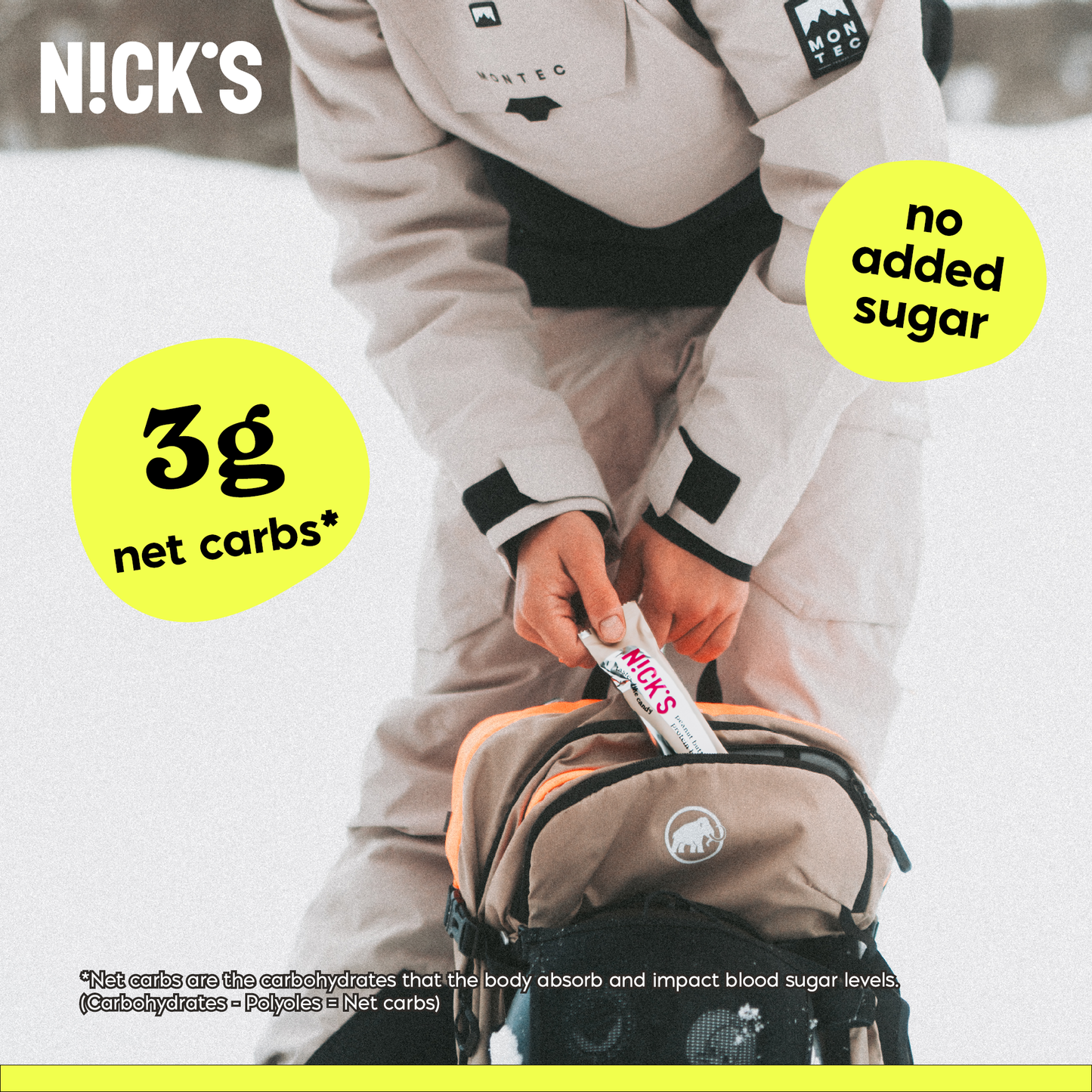 Person in snow gear placing a N!CK'S Caramel Chocolate Protein Bar into a backpack. Text highlights '3g net carbs*' and 'no added sugar' for a convenient keto-friendly snack.