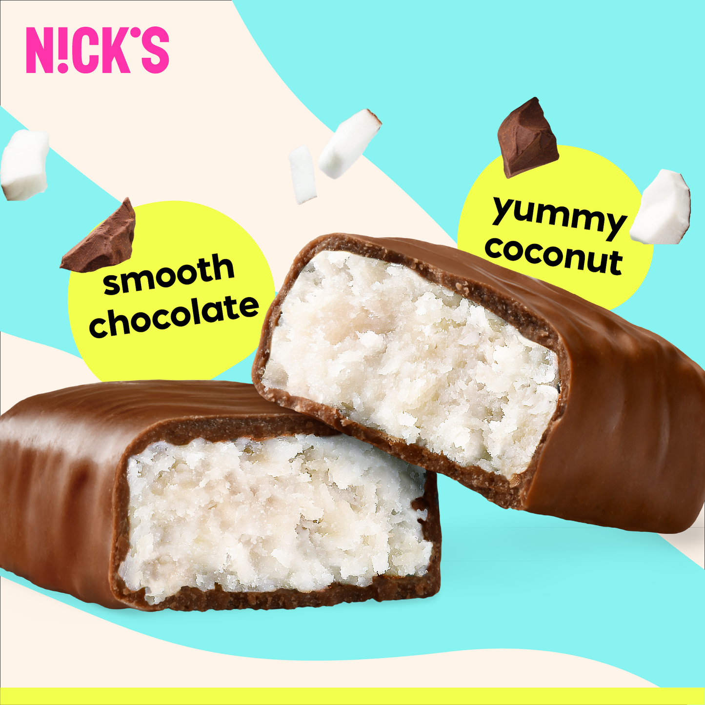 Detailed cross-section of the N!CK'S Coconut Candy Bar, clearly showing the sweet coconut flakes filling dipped in milk chocolate.