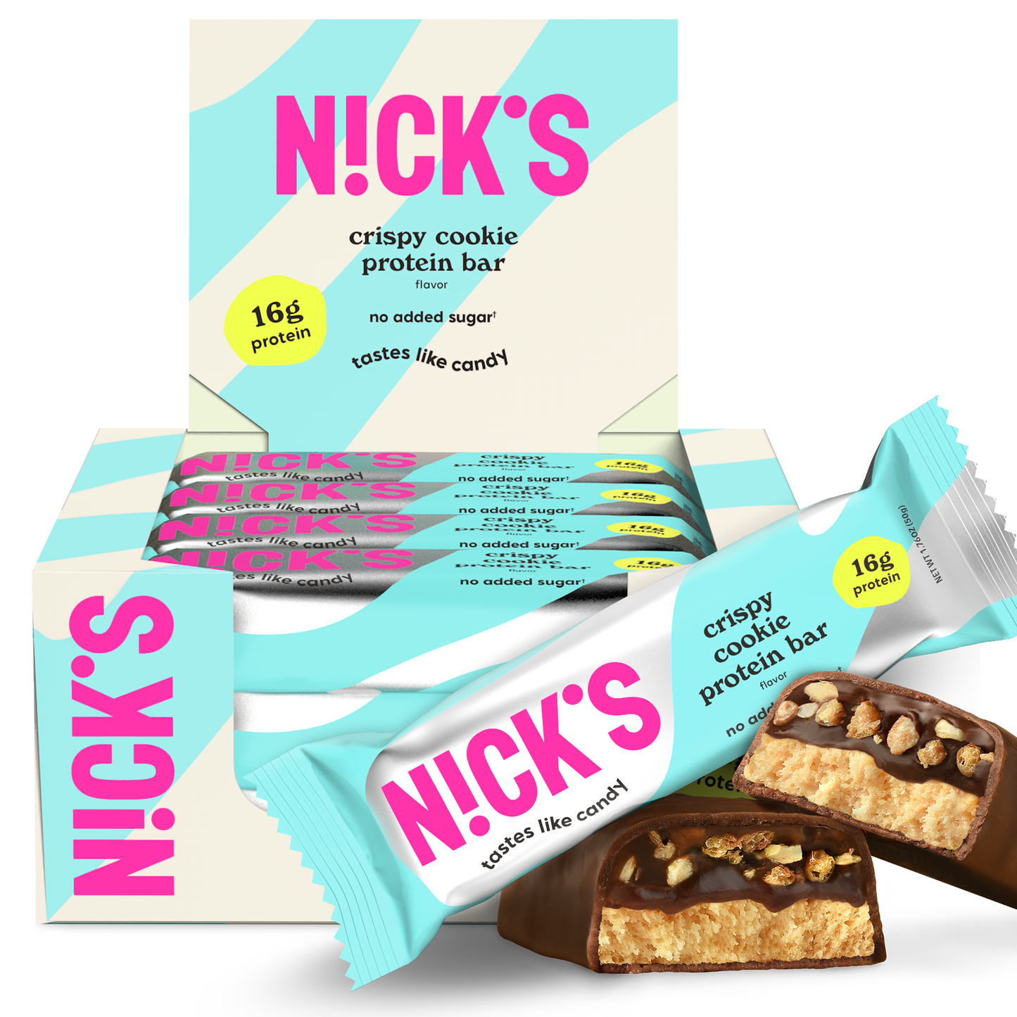 Box of N!CK'S Crispy Cookie Protein Bars (12-pack), with a bar unwrapped and cut to show the filling. Highlights 16g protein and "no added sugar" for a keto snack.