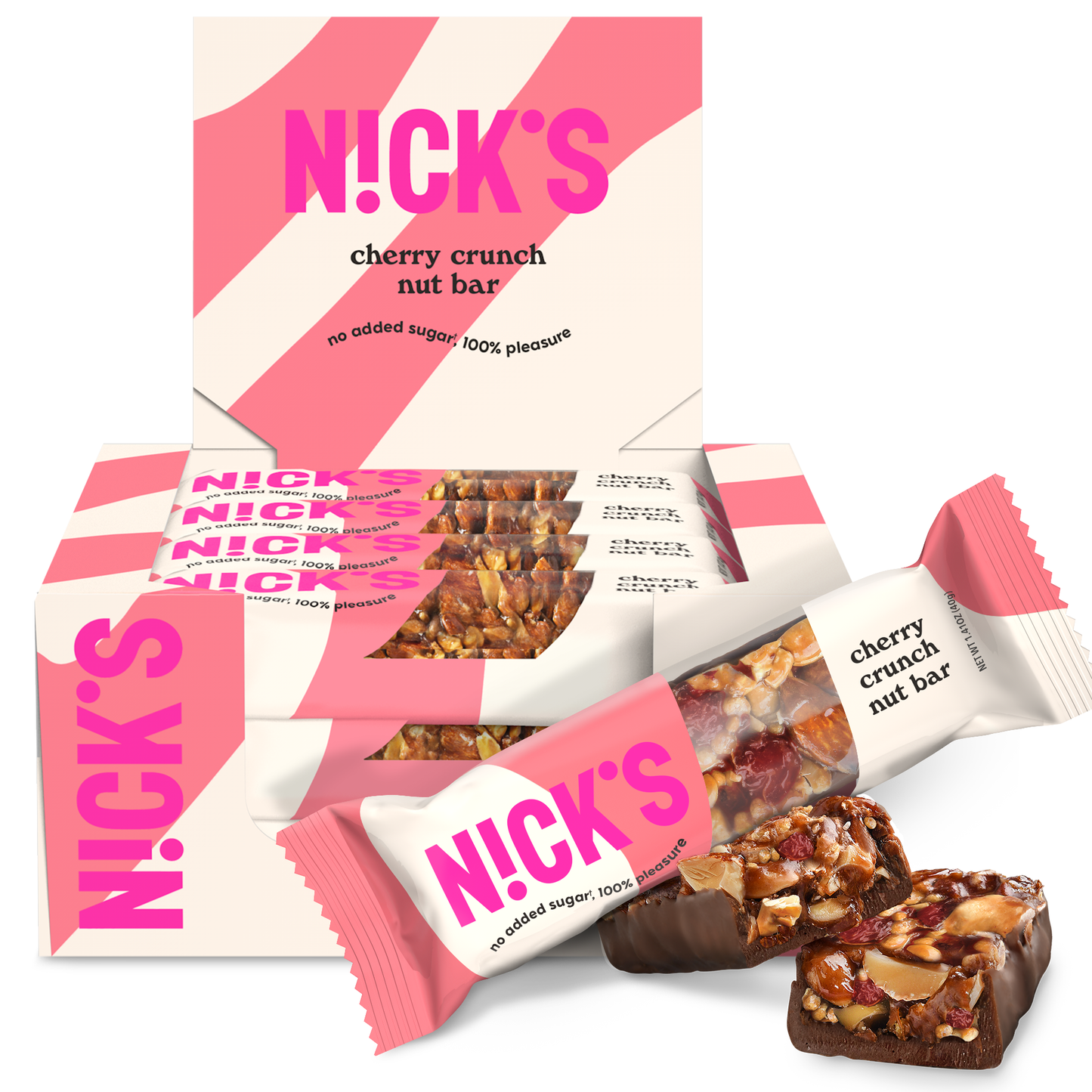 Box of N!CK'S Cherry Crunch Nut Bars, 12 count, labeled 'keto friendly' and 'no added sugar'.