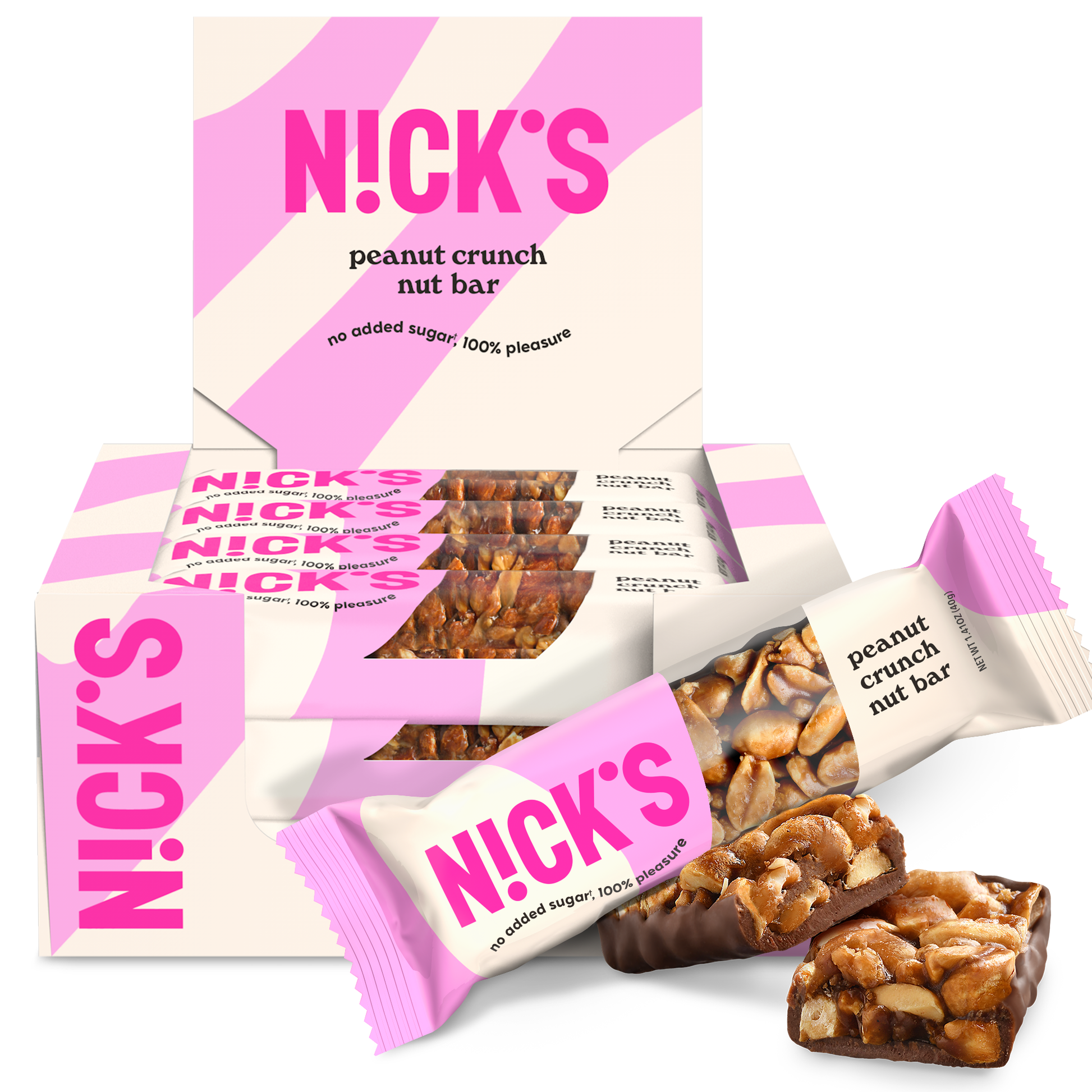 Box of N!CK'S Peanut Crunch Nut Bars (12-pack), with bars unwrapped to show the crunchy peanut filling coated in chocolate. Highlights "no added sugar" and "100% pleasure."