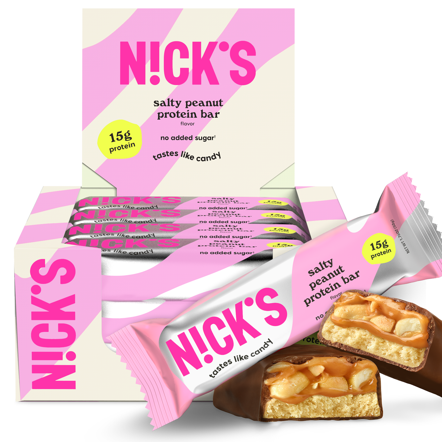 Box of N!CK'S Salty Peanut Protein Bars (12-pack), with an unwrapped bar cross-section displaying salty peanuts and caramel. Highlights 15g protein and "no added sugar."