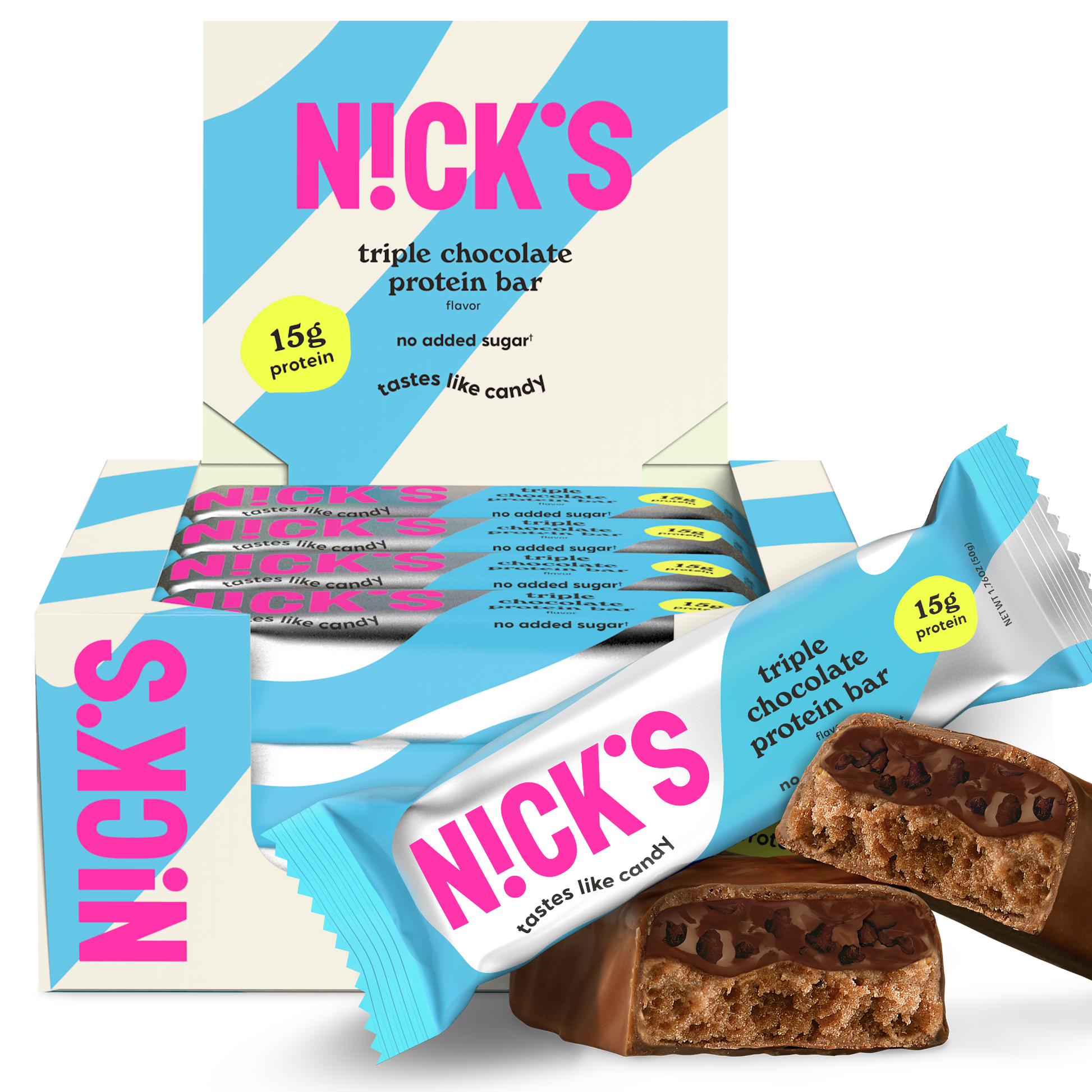 Box of N!CK'S Triple Chocolate Protein Bars (12-pack), with an unwrapped bar showing the interior. Highlights 15g protein and "no added sugar" for a keto-friendly snack.